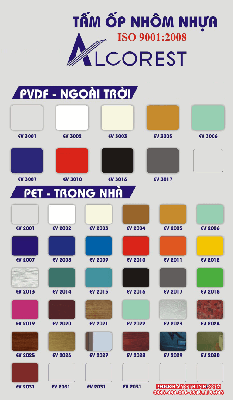 Bảng màu tấm ốp nhôm nhựa Alcorest PVDF ngoài trời và PET trong nhà với nhiều mã màu khác nhau