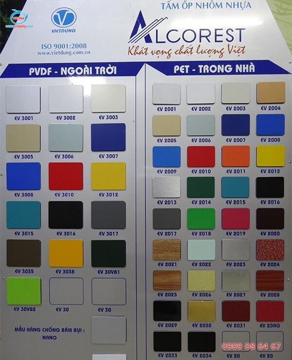 Bảng màu tấm ốp nhôm nhựa Alcorest Vietdung với nhiều mẫu PVDF ngoài trời và PET trong nhà