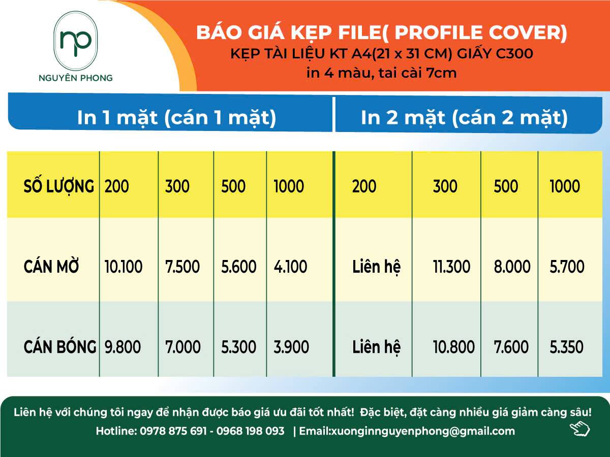 Bảng báo giá in kẹp file tại xưởng in Nguyên Phong