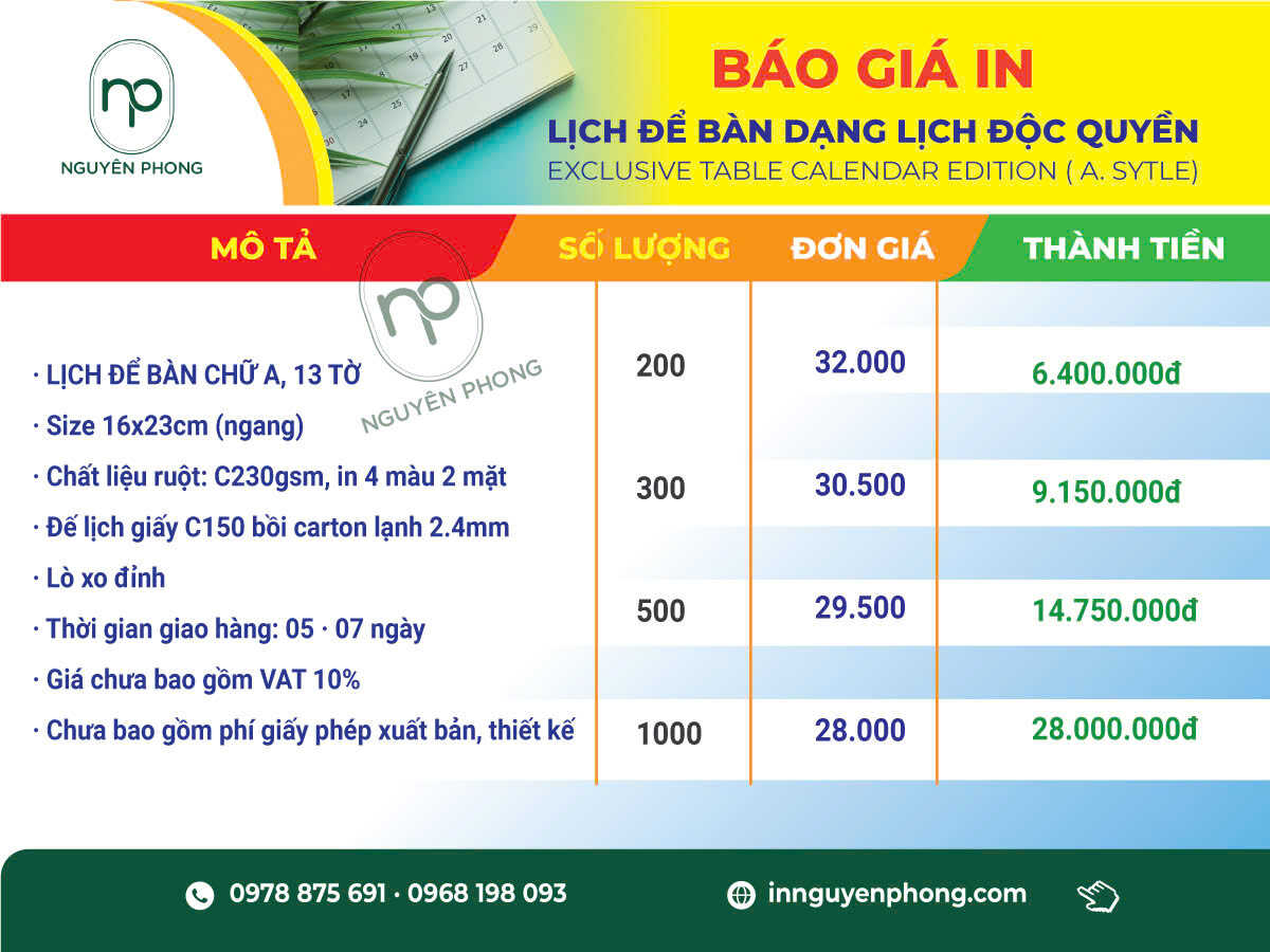 Báo giá in lịch Tết