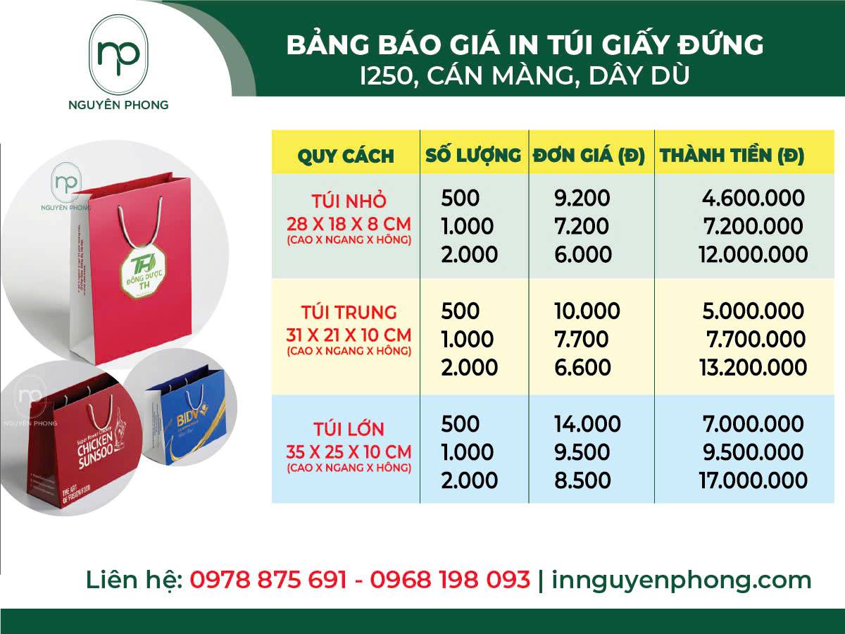 Bảng giá in túi giấy tại xưởng in Nguyên Phong