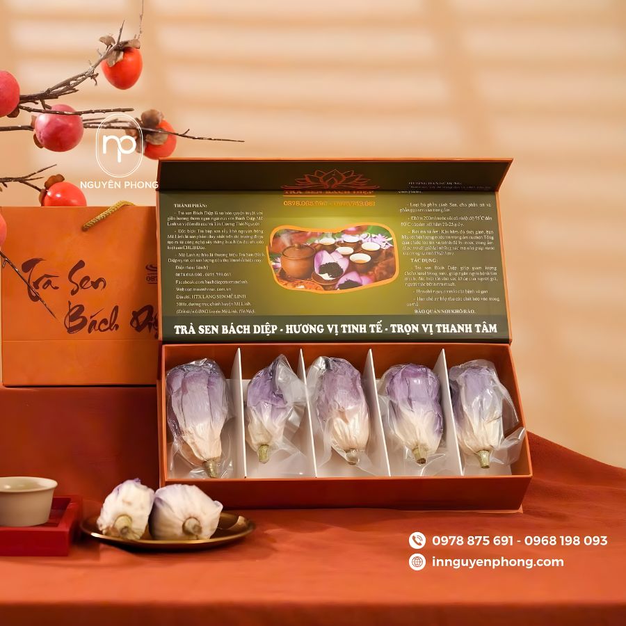 In hộp đựng trà sen đẹp